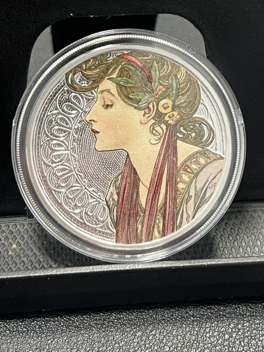 2016 1 oz Mucha Collection Laurel silver coin w/ Box and COA