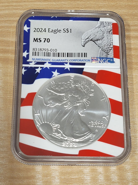 2024 $1 American Silver Eagle NGC MS70 Full Flag Label