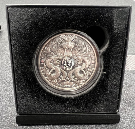 2022 1 Oz .999 Silver Chad Proof Dragons And Tiger Holographic Antiqued Coin