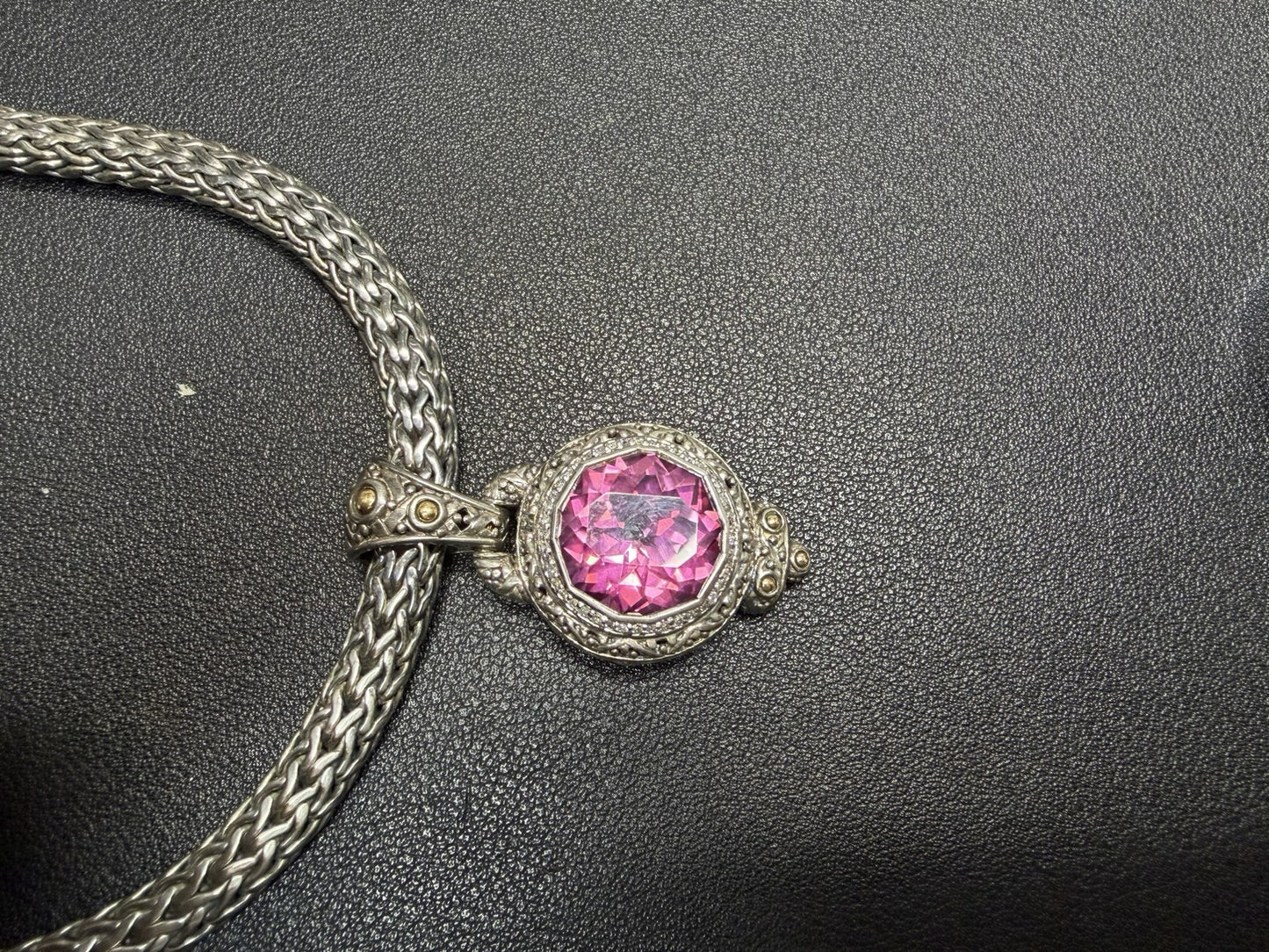John Hardy Sterling Silver 7mm Wheat Necklace 16" Pink Saphire Diamonds 18k Gold
