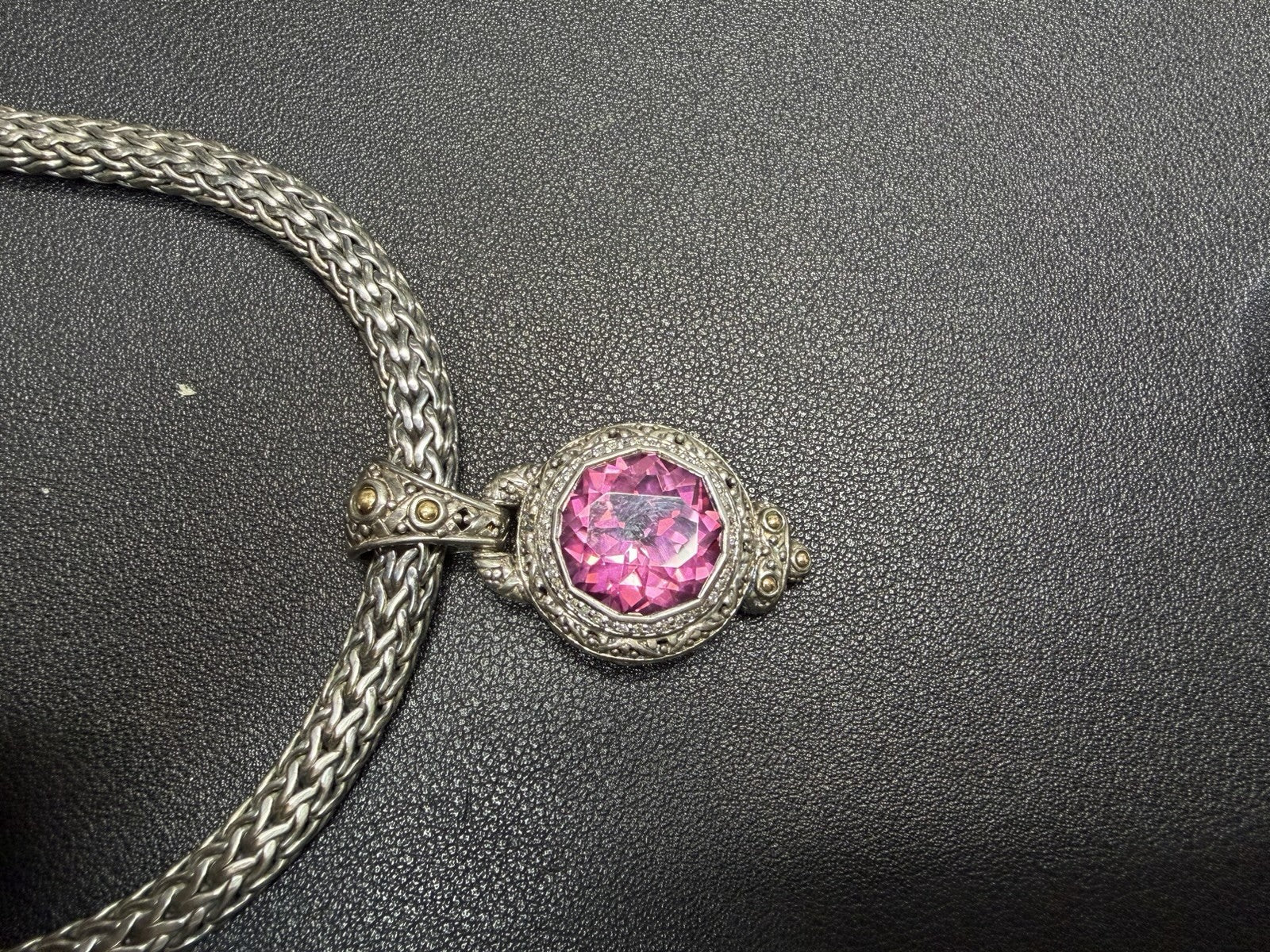 John Hardy Sterling Silver 7mm Wheat Necklace 16" Pink Saphire Diamonds 18k Gold