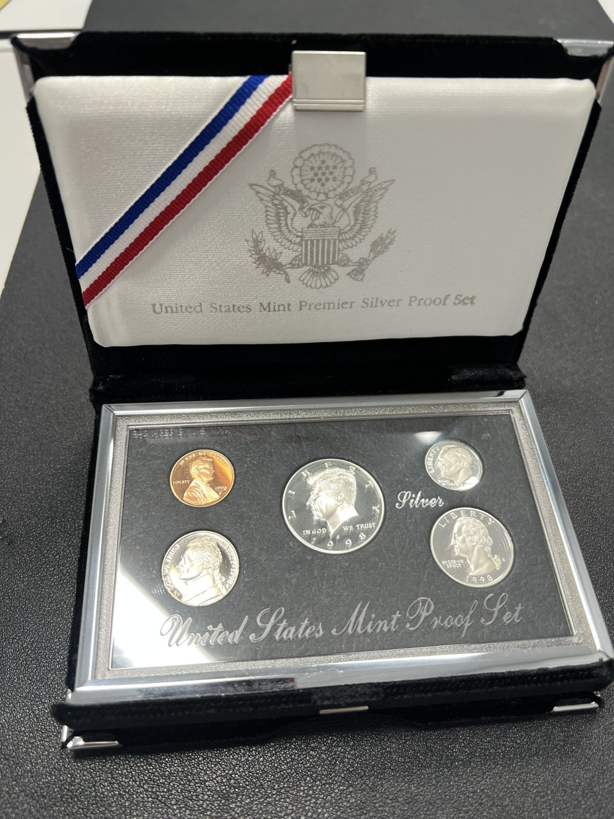 1998 United States Mint Premier Silver Proof Set 5 Coins Original Display Box