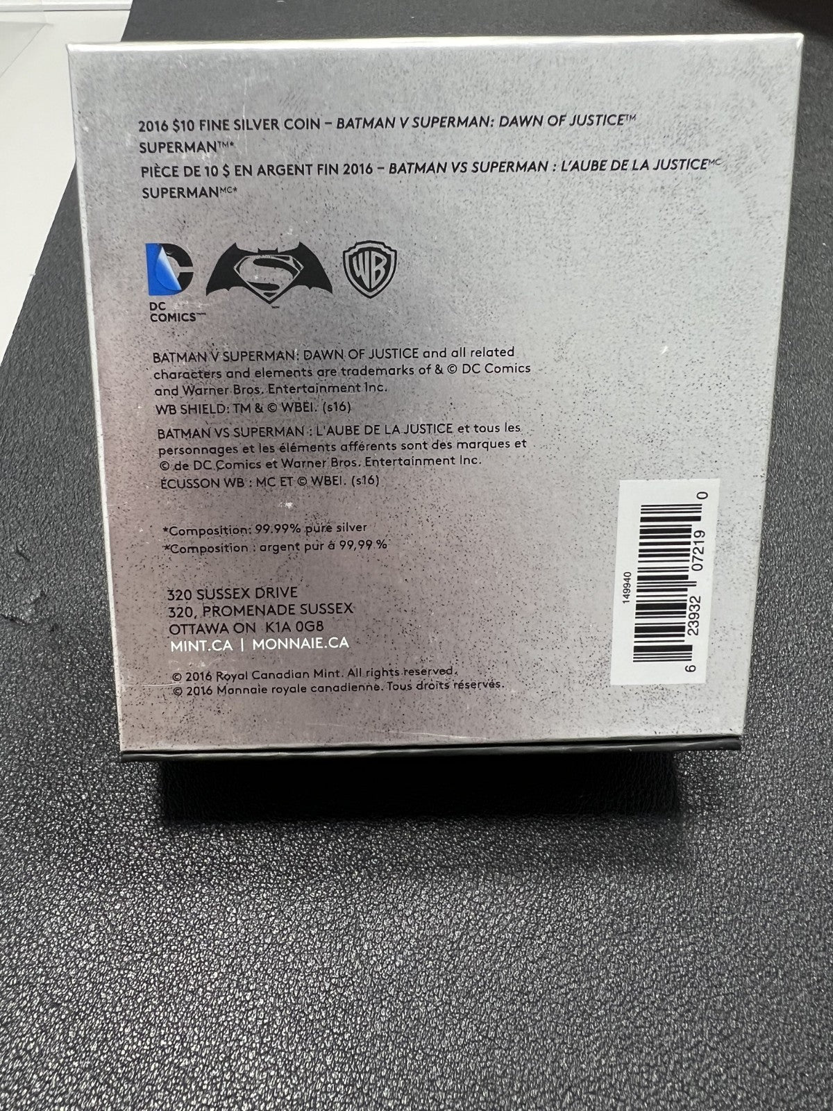 2016 $10 Canada 1/2oz Silver Coin Batman vs Superman -Superman - Box/COA
