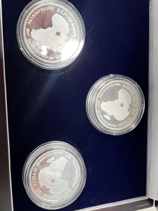 2017 Chad Lion 5000 Franc 3 piece silver set Proof, Unc & Gilt Proof in wood box
