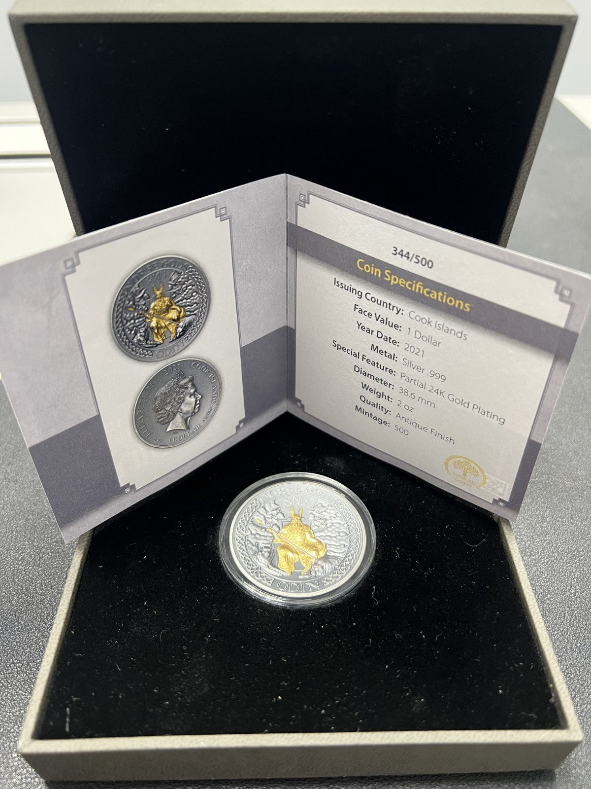 Odin Norse Gods Selective Gold Plating 2 Oz Silver Coin Cook Islands 2021 W/ COA
