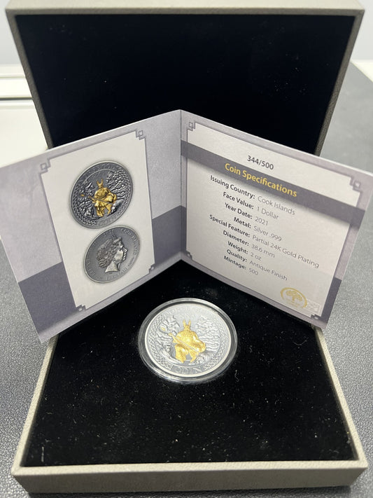 Odin Norse Gods Selective Gold Plating 2 Oz Silver Coin Cook Islands 2021 W/ COA